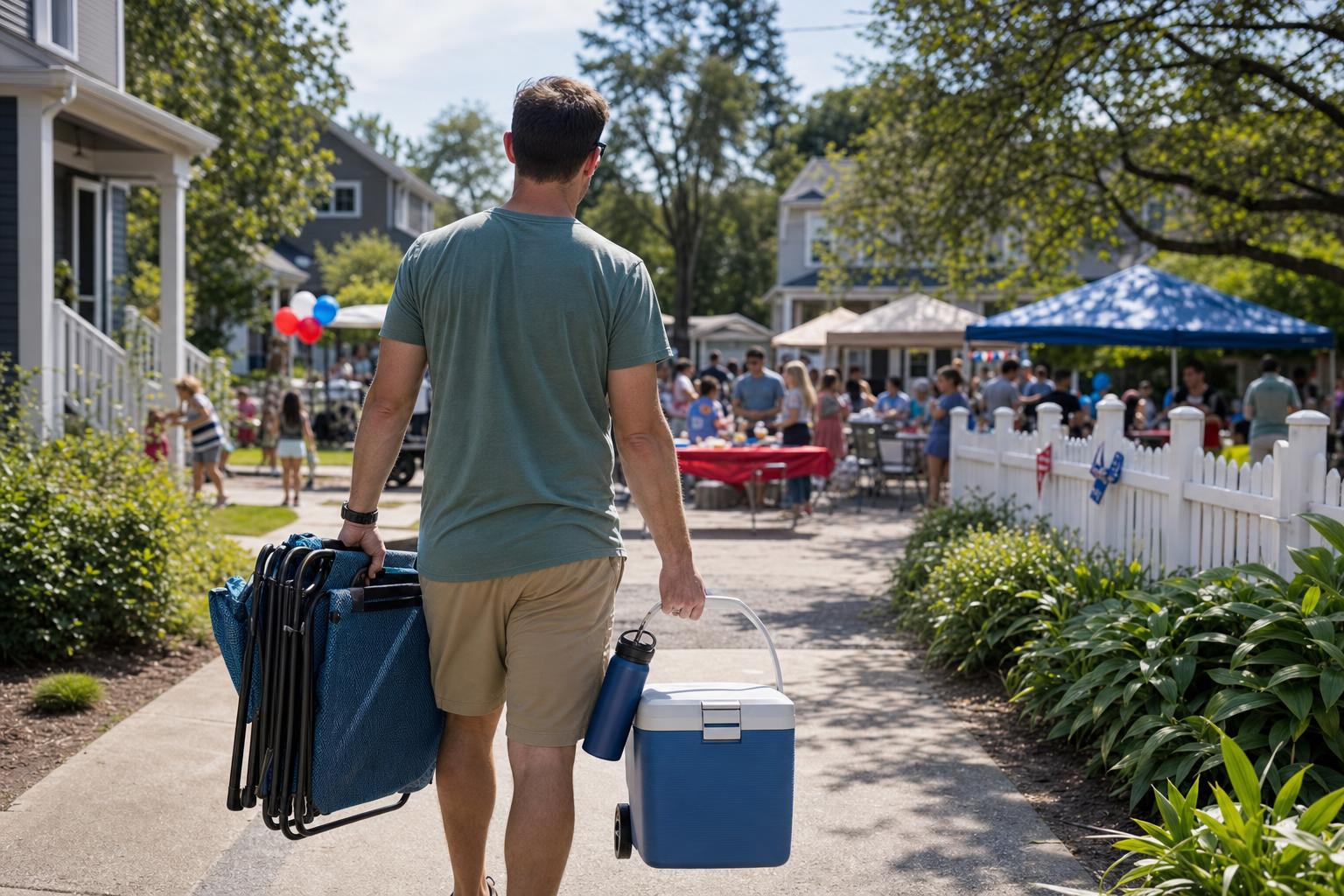 Neighbors carrying folding chairs and a cooler while setting up a sunny block party on a suburban street