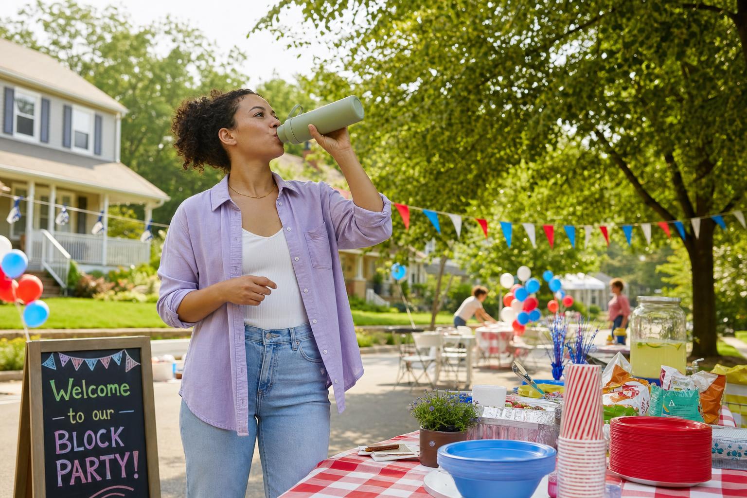 Person pausing with a reusable water bottle while arranging a neighborhood block party table with plates and drinks