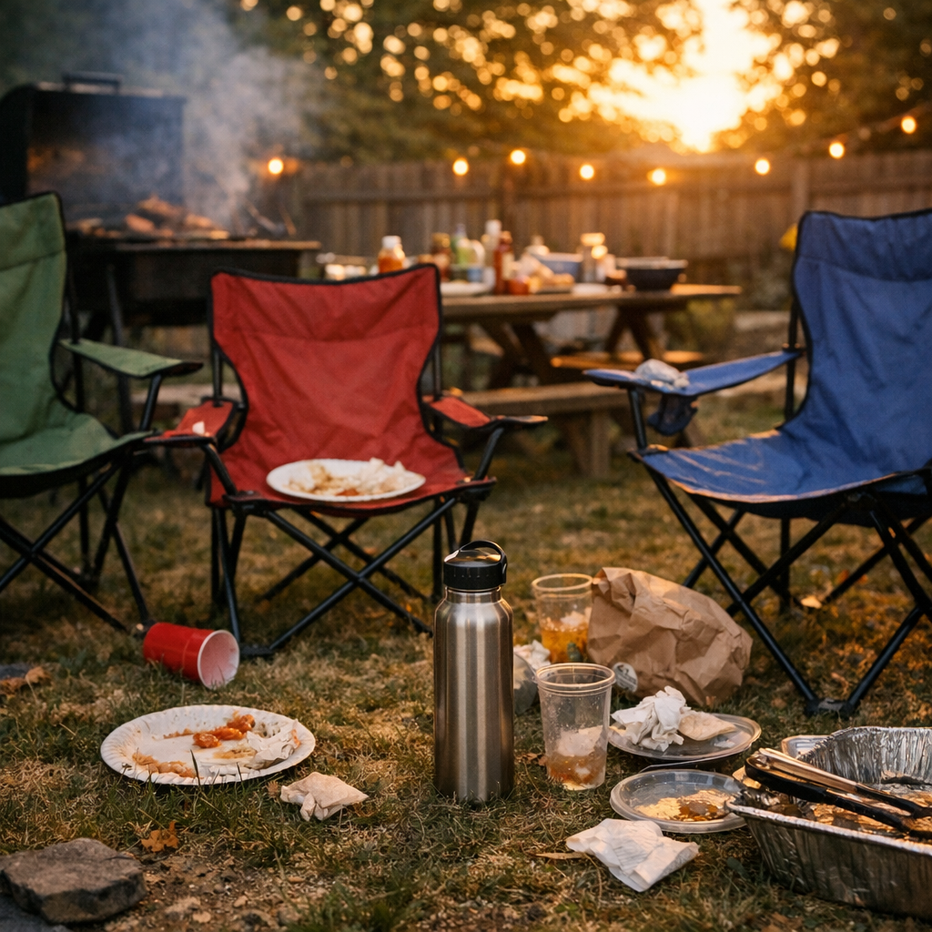 Backyard cookout cleanup scene with folding chairs and a reusable water bottle