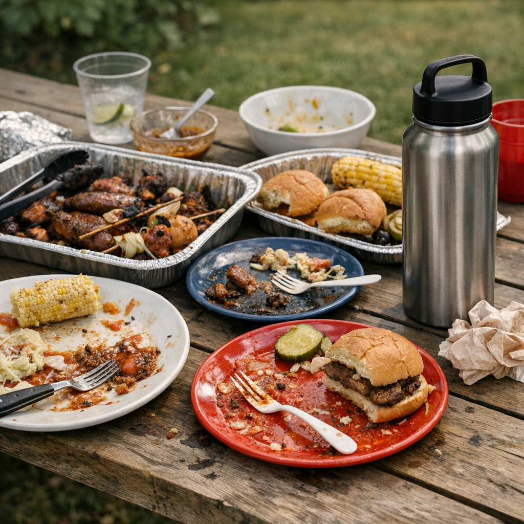 Plates, serving trays, and a reusable water bottle on a backyard table after a cookout