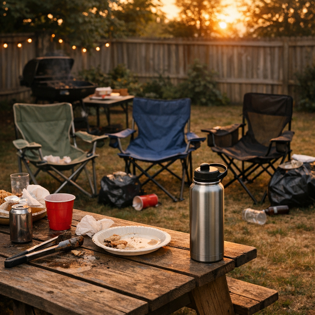 Backyard cookout cleanup scene with folding chairs and a reusable water bottle