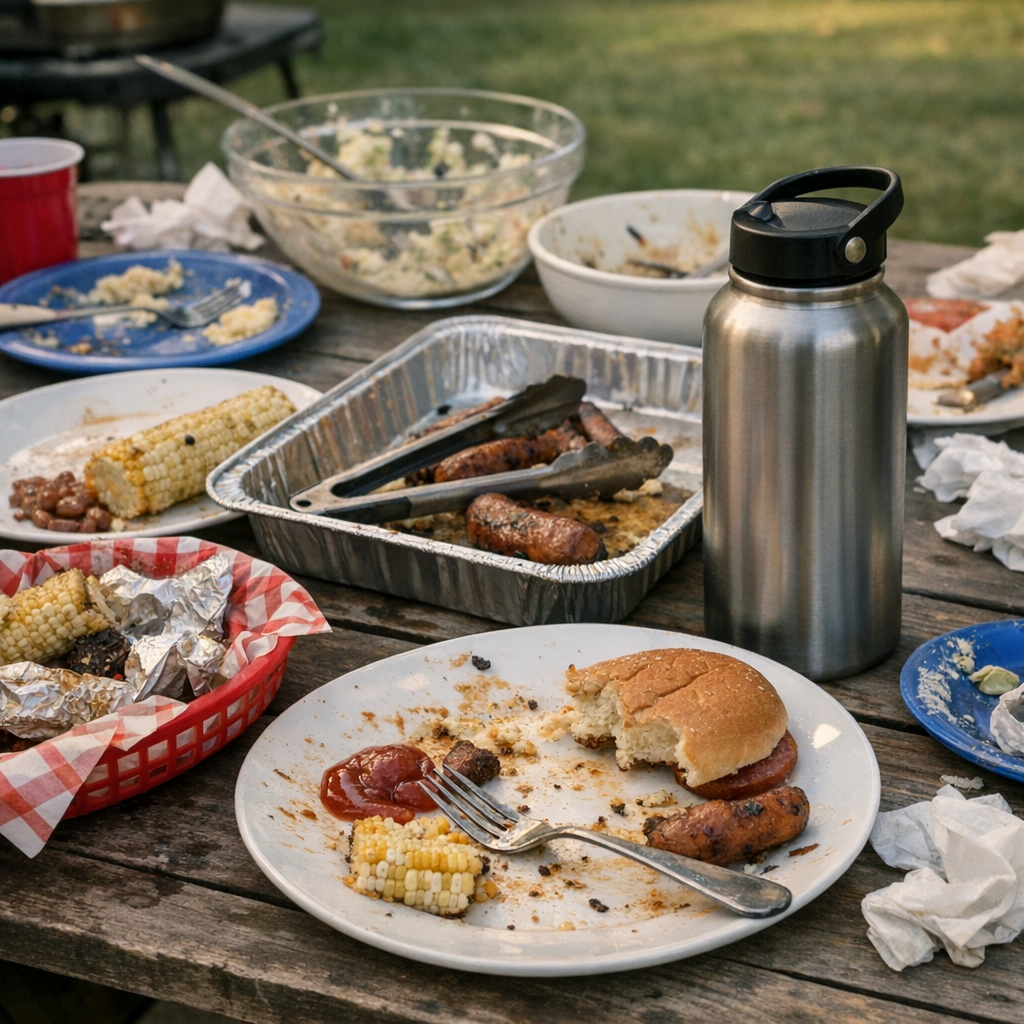 Plates, serving trays, and a reusable water bottle on a backyard table after a cookout