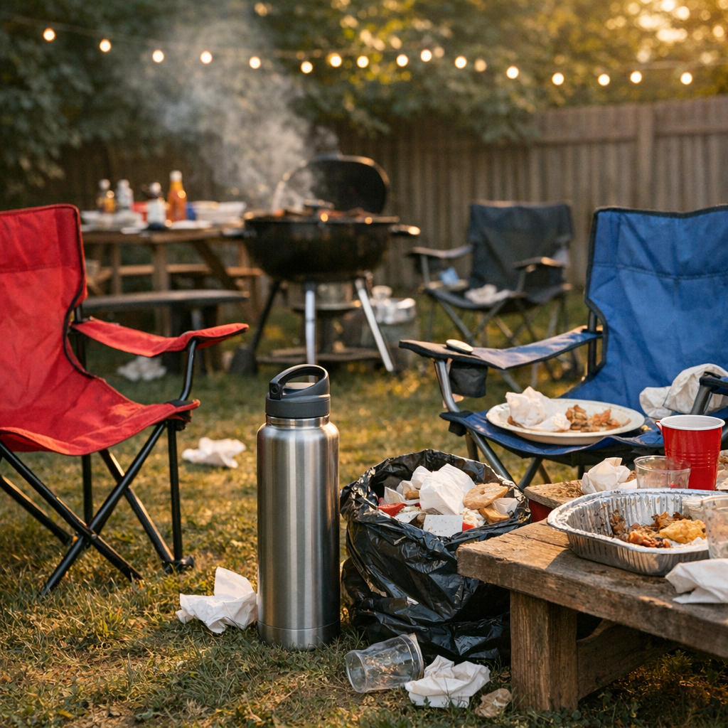 Backyard cookout cleanup scene with folding chairs and a reusable water bottle