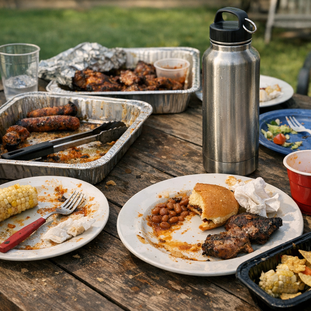 Plates, serving trays, and a reusable water bottle on a backyard table after a cookout