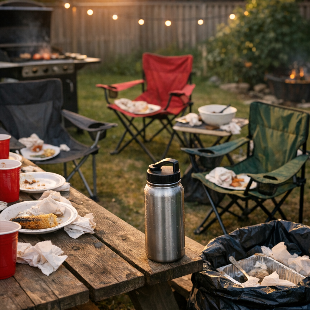 Backyard cookout cleanup scene with folding chairs and a reusable water bottle