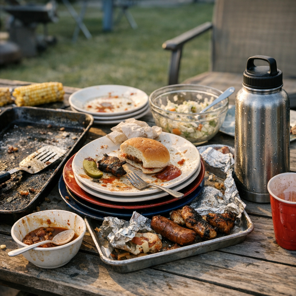 Plates, serving trays, and a reusable water bottle on a backyard table after a cookout