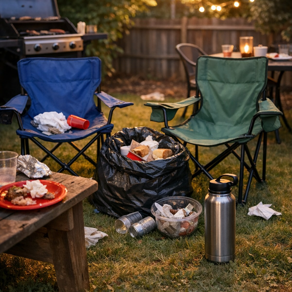 Backyard cookout cleanup scene with folding chairs and a reusable water bottle