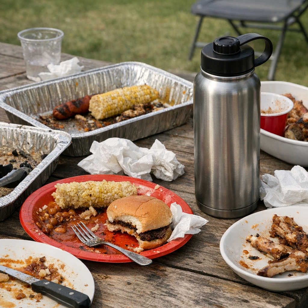Plates, serving trays, and a reusable water bottle on a backyard table after a cookout