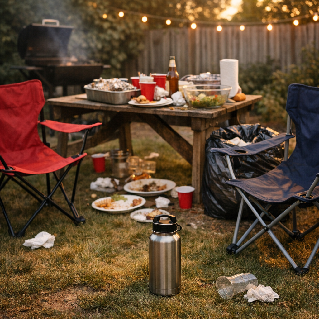 Backyard cookout cleanup scene with folding chairs and a reusable water bottle