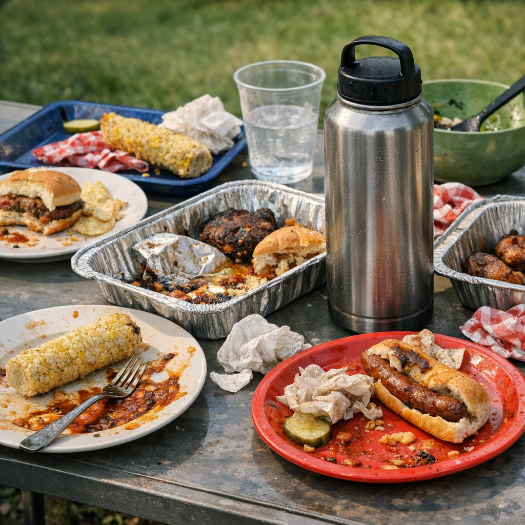 Plates, serving trays, and a reusable water bottle on a backyard table after a cookout