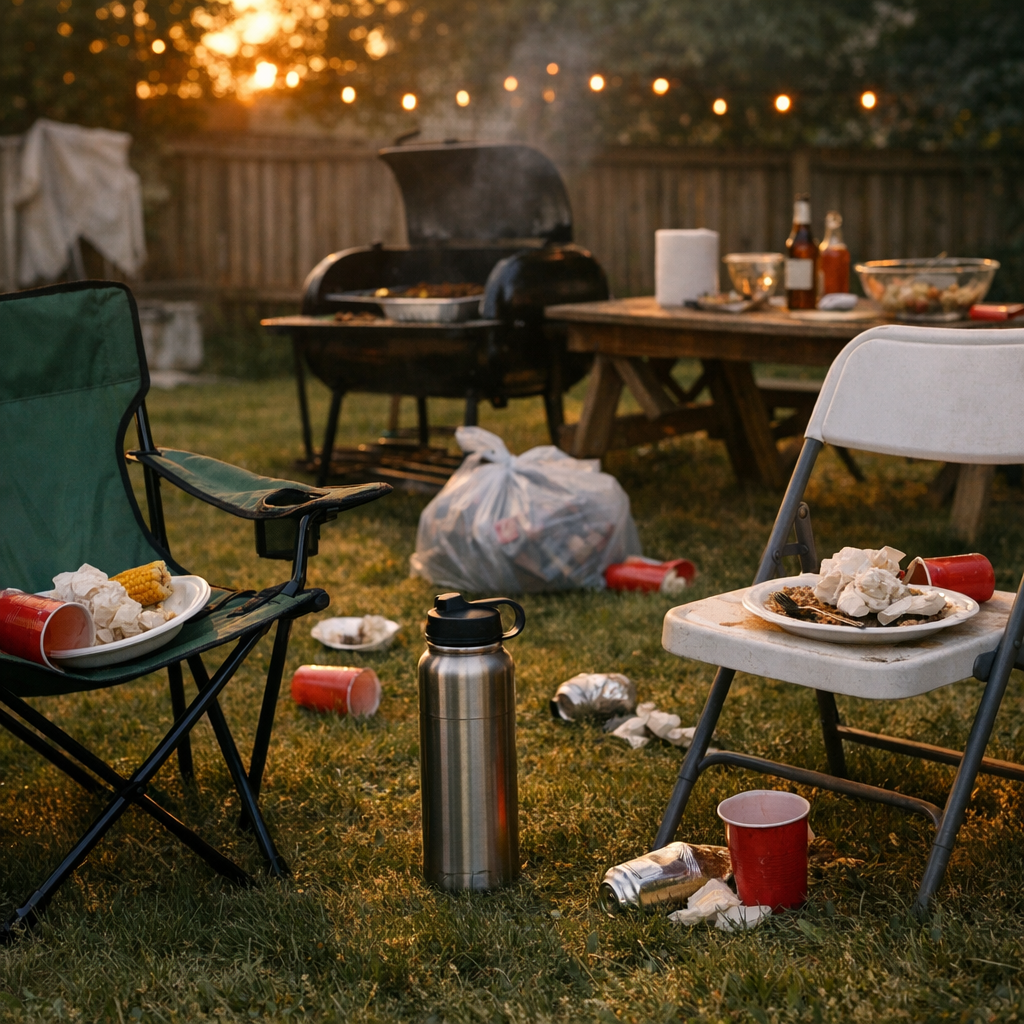 Backyard cookout cleanup scene with folding chairs and a reusable water bottle
