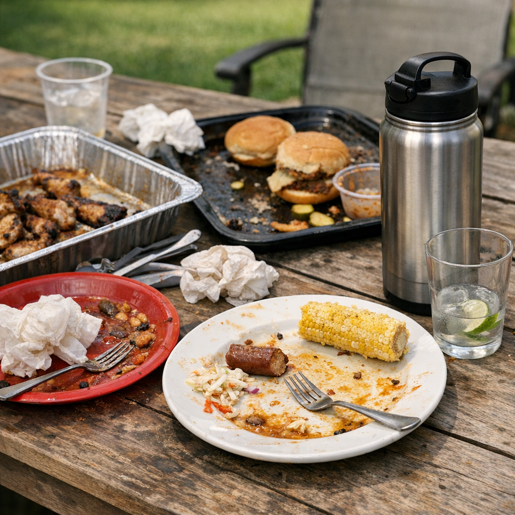 Plates, serving trays, and a reusable water bottle on a backyard table after a cookout