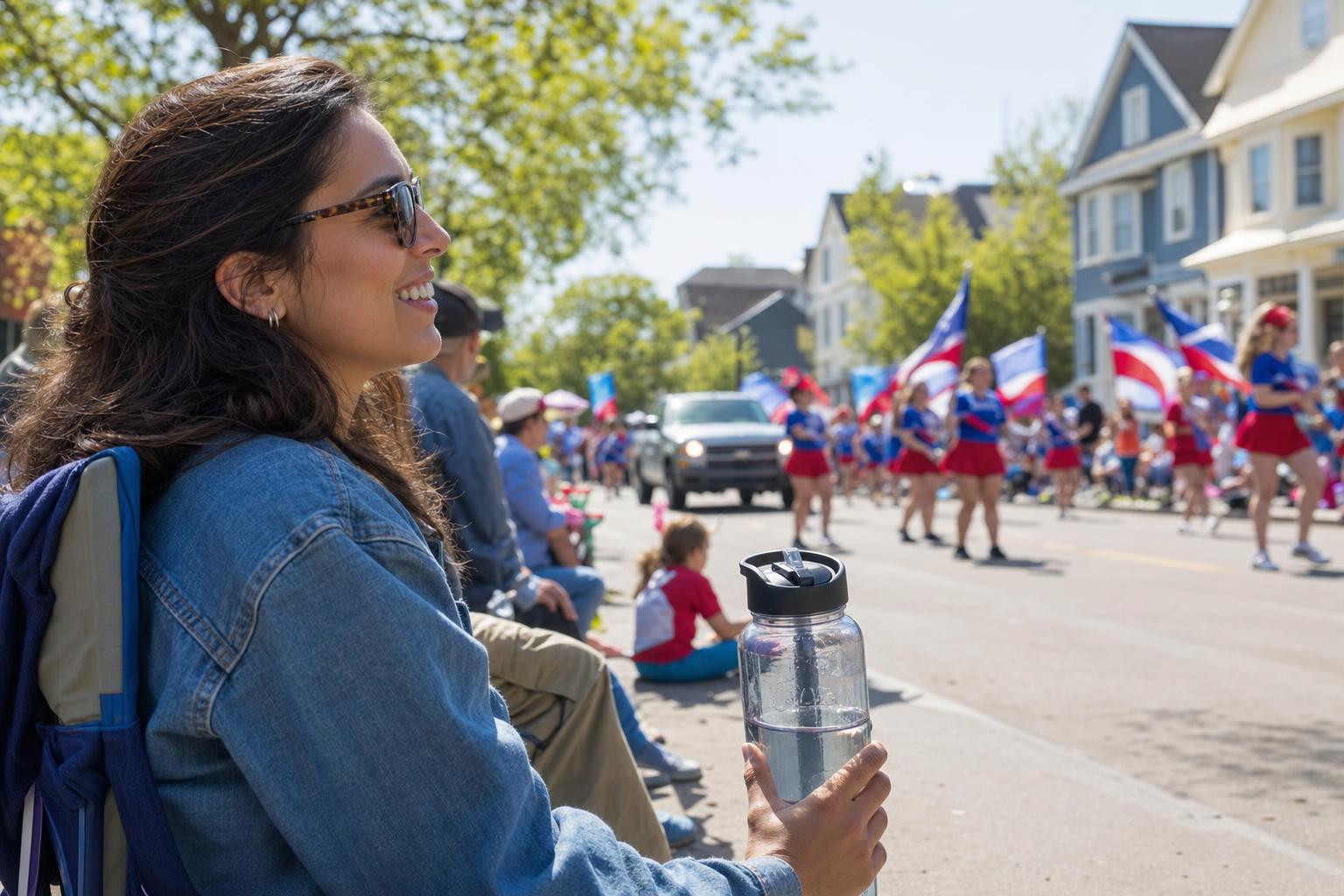 A sunny neighborhood parade scene with a reusable water bottle near folding chairs on the curb