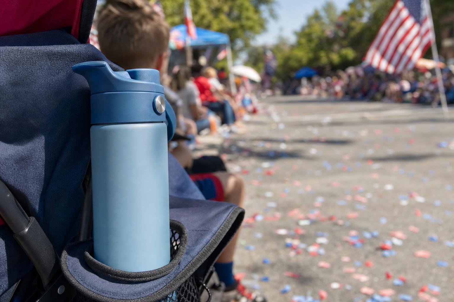 A reusable water bottle resting near a folding chair on a sunny curb during a neighborhood parade