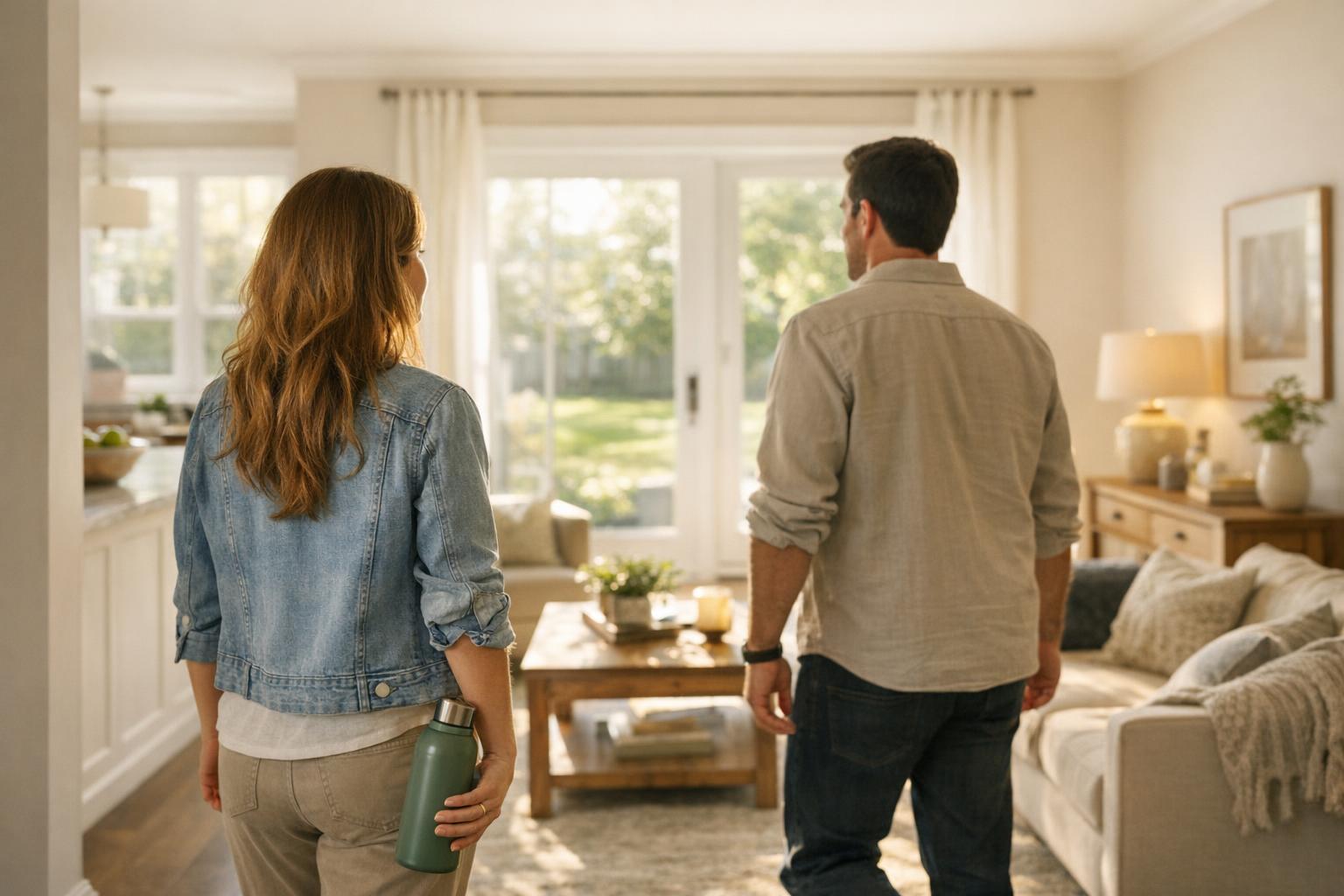Couple touring a bright suburban open house on a warm weekend morning while one person holds a reusable water bottle