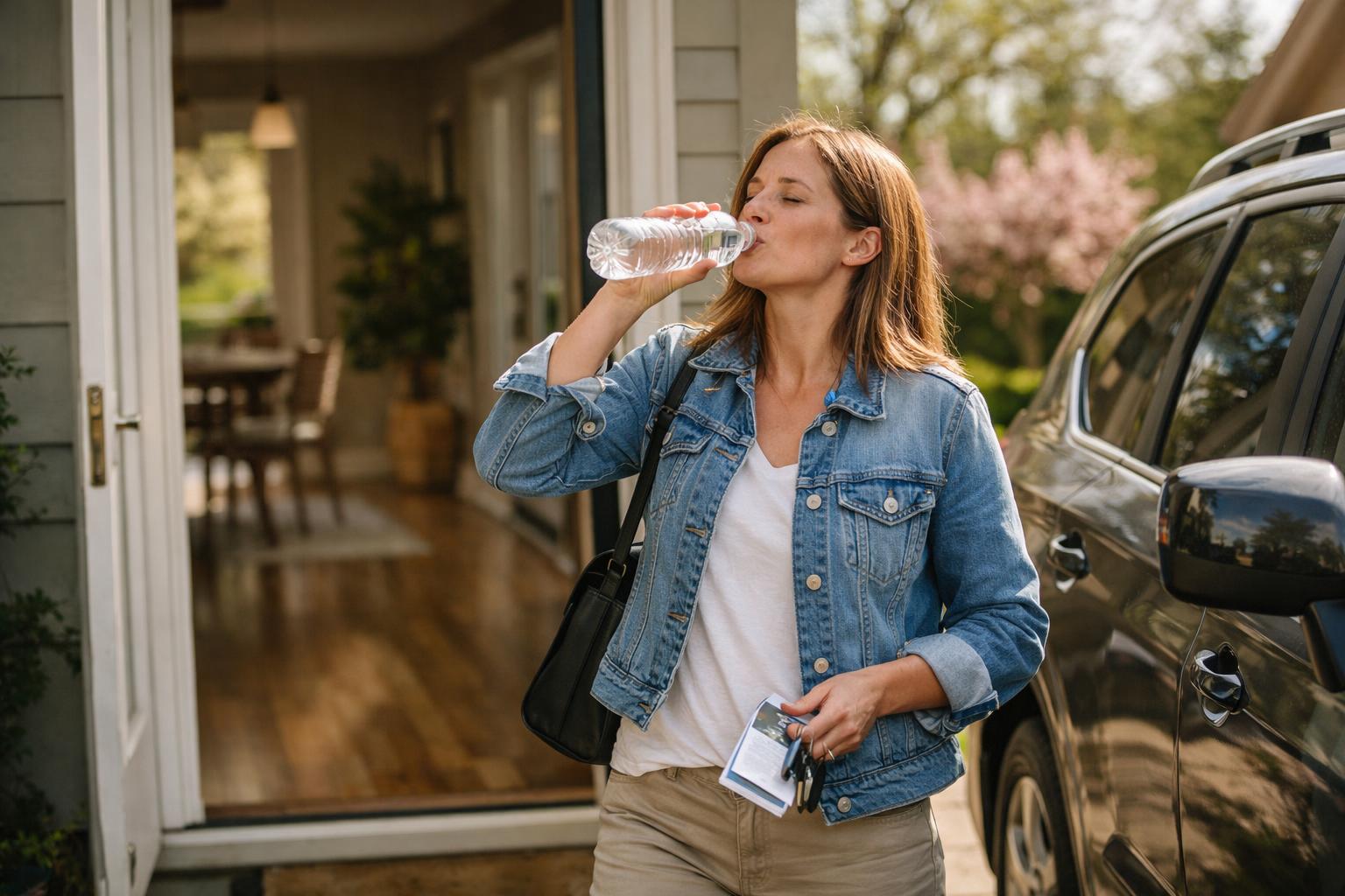 Person stepping out of a home tour and taking a sip from a water bottle beside a parked car on a bright spring weekend