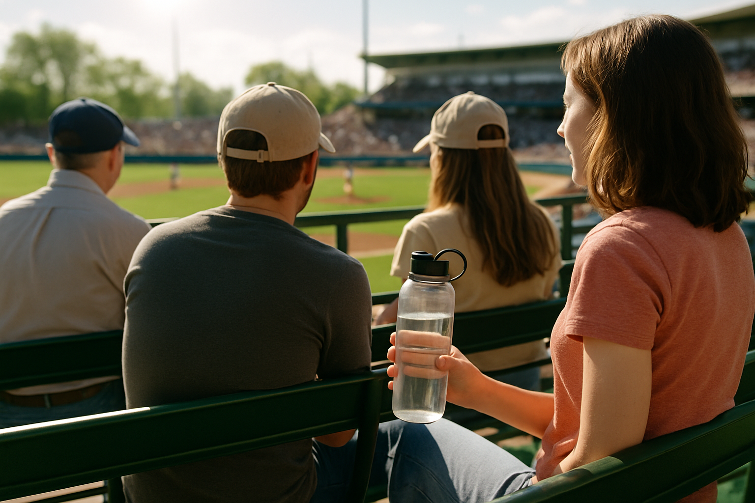 Fans sitting in sunny baseball stadium seats with a reusable water bottle during a spring game