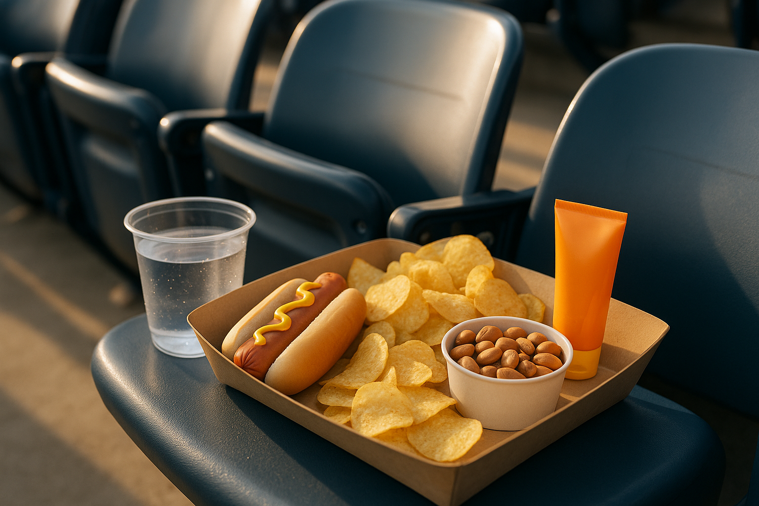 Cup of water beside ballpark snacks on stadium seating during a daytime baseball game