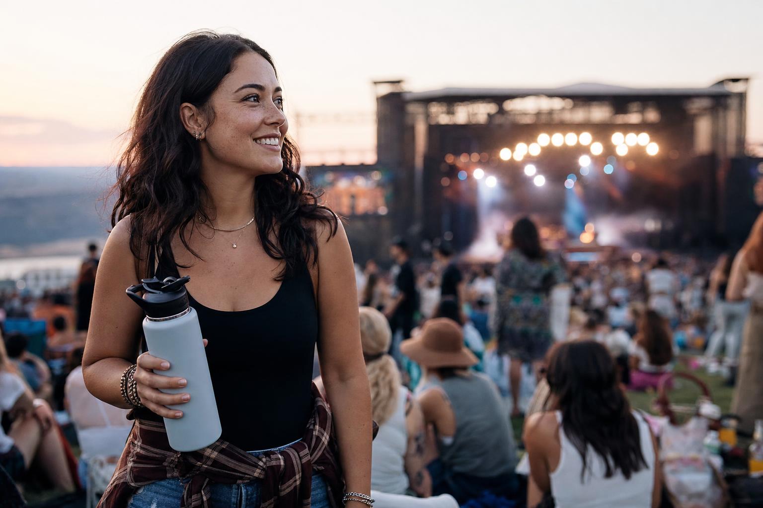 A woman at an outdoor concert at dusk holding a reusable water bottle with blurred stage lights behind her