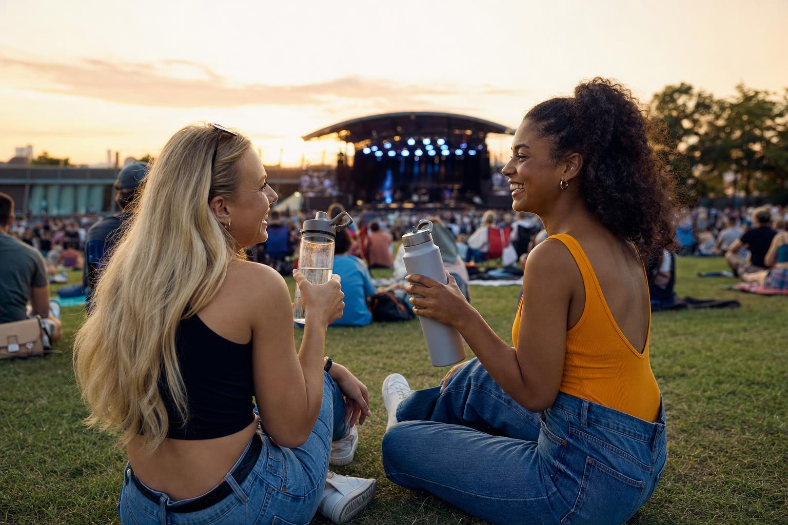 Two friends sitting on a grassy lawn near an outdoor venue and drinking water during sunset before the concert continues