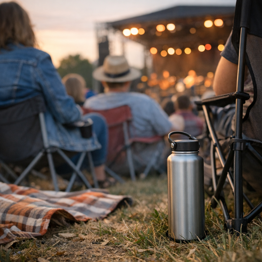 Outdoor concert crowd with a reusable water bottle visible near a folding chair