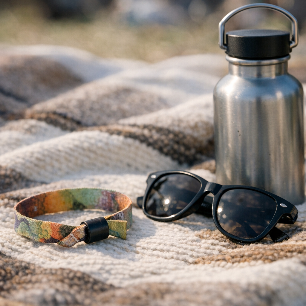 Concert wristband, sunglasses, and a reusable water bottle on a blanket