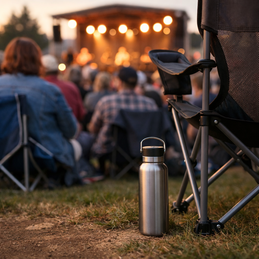 Outdoor concert crowd with a reusable water bottle visible near a folding chair