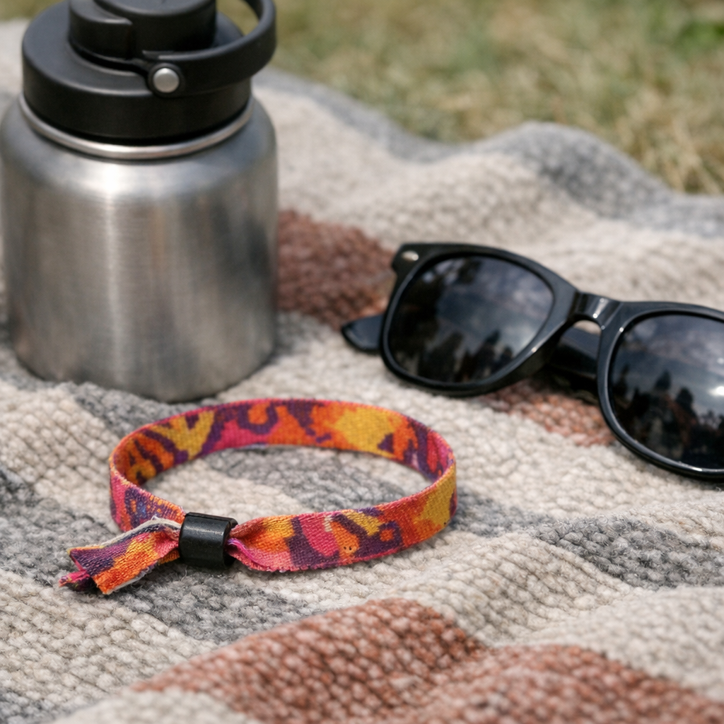 Concert wristband, sunglasses, and a reusable water bottle on a blanket