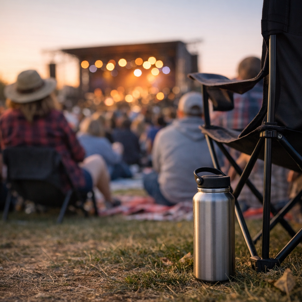 Outdoor concert crowd with a reusable water bottle visible near a folding chair