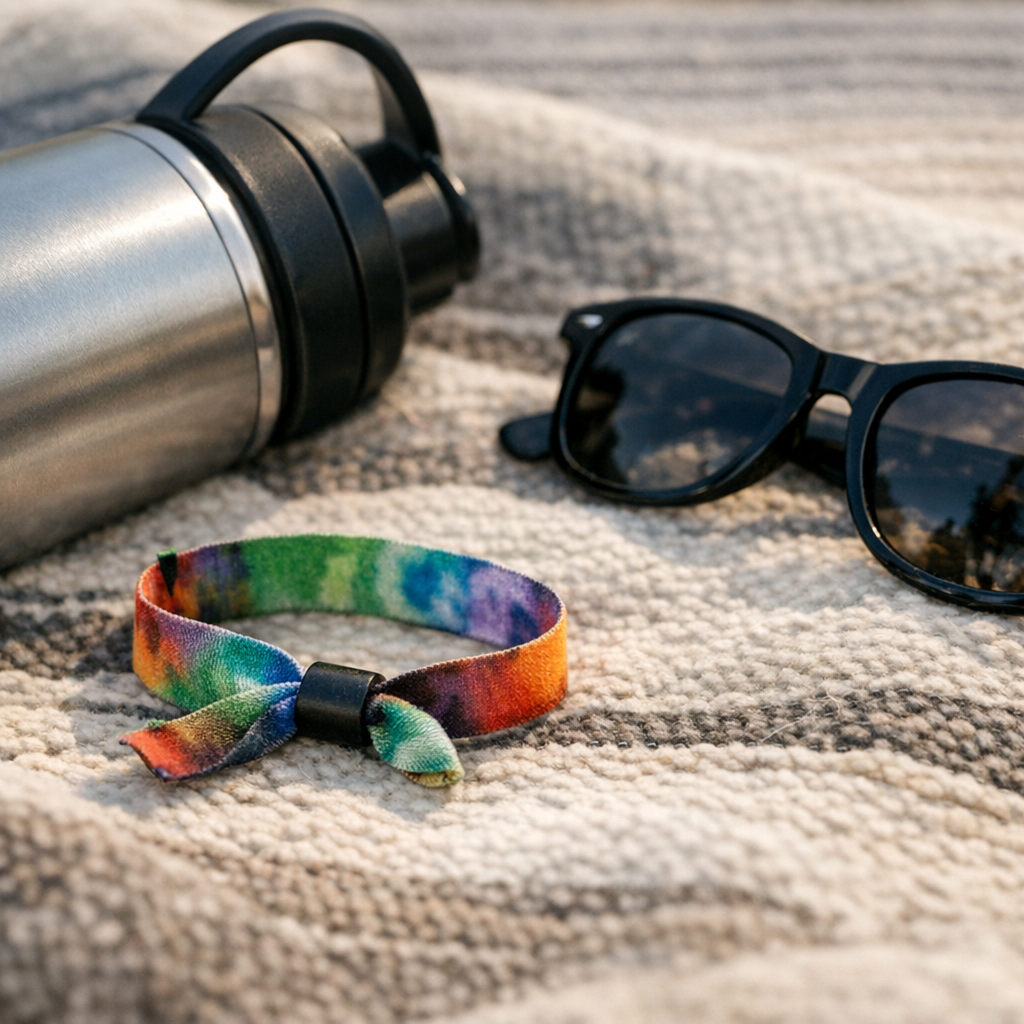Concert wristband, sunglasses, and a reusable water bottle on a blanket