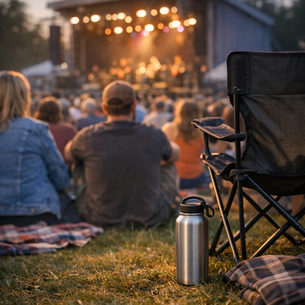Outdoor concert crowd with a reusable water bottle visible near a folding chair