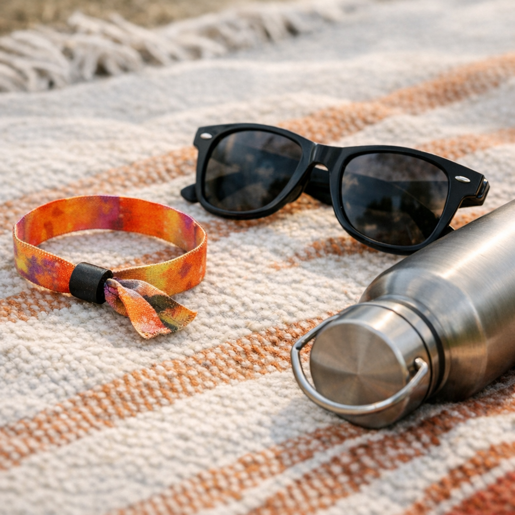 Concert wristband, sunglasses, and a reusable water bottle on a blanket