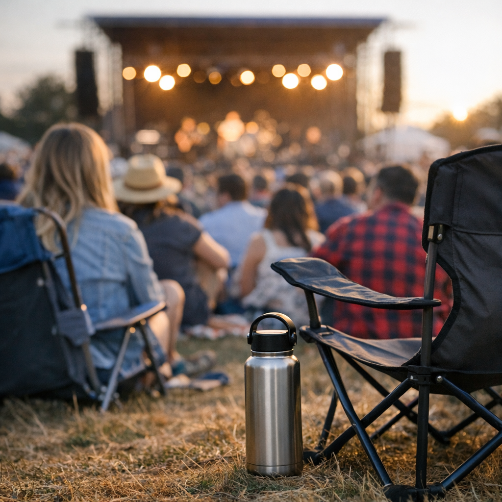 Outdoor concert crowd with a reusable water bottle visible near a folding chair