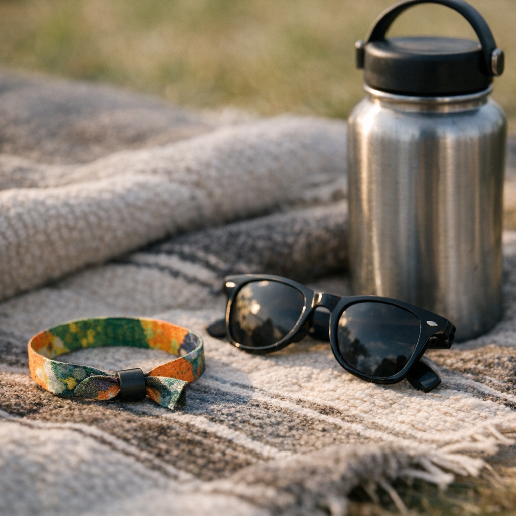 Concert wristband, sunglasses, and a reusable water bottle on a blanket