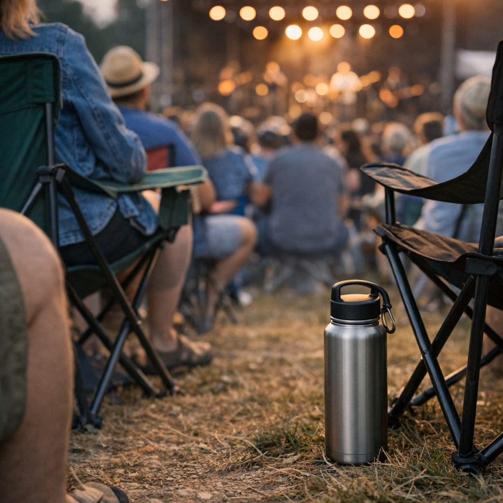 Outdoor concert crowd with a reusable water bottle visible near a folding chair