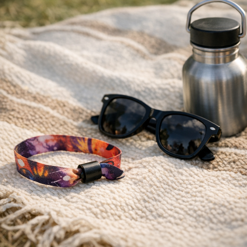 Concert wristband, sunglasses, and a reusable water bottle on a blanket