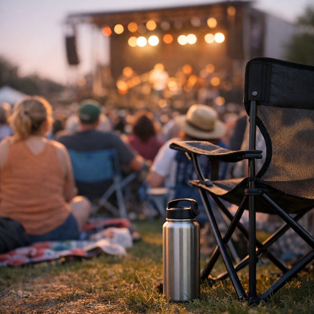 Outdoor concert crowd with a reusable water bottle visible near a folding chair