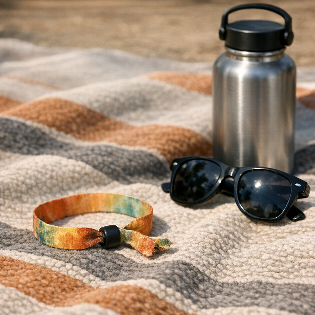 Concert wristband, sunglasses, and a reusable water bottle on a blanket