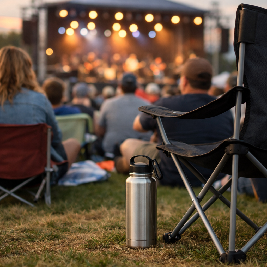 Outdoor concert crowd with a reusable water bottle visible near a folding chair