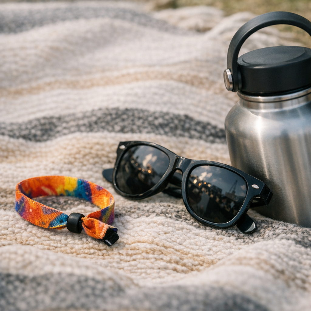 Concert wristband, sunglasses, and a reusable water bottle on a blanket