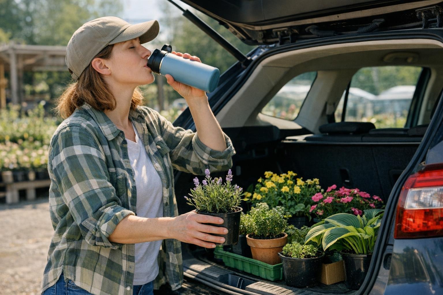 Person loading potted plants into a car trunk and taking a sip from a reusable water bottle after a nursery run