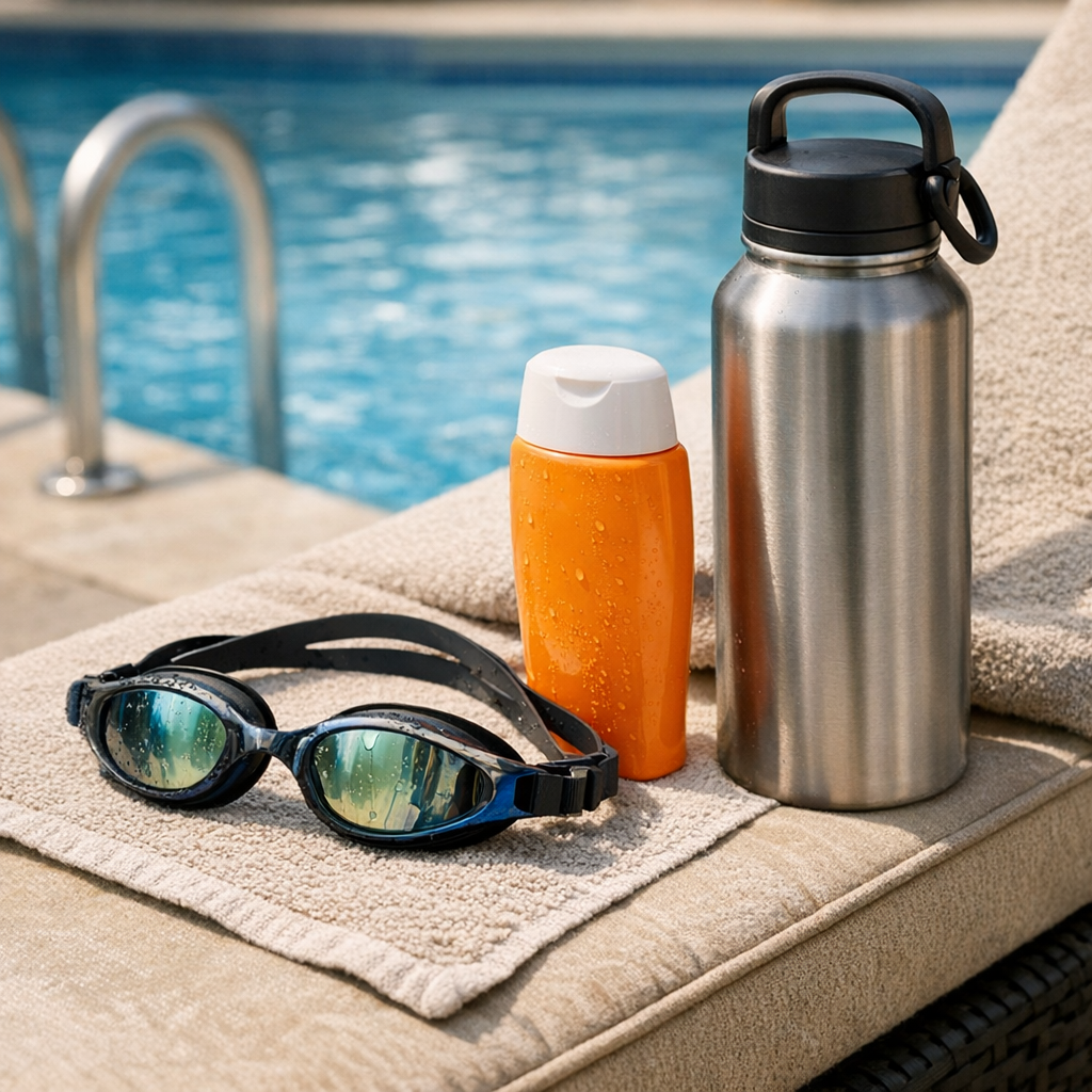 Swim goggles, sunscreen, and a reusable water bottle beside a pool chair