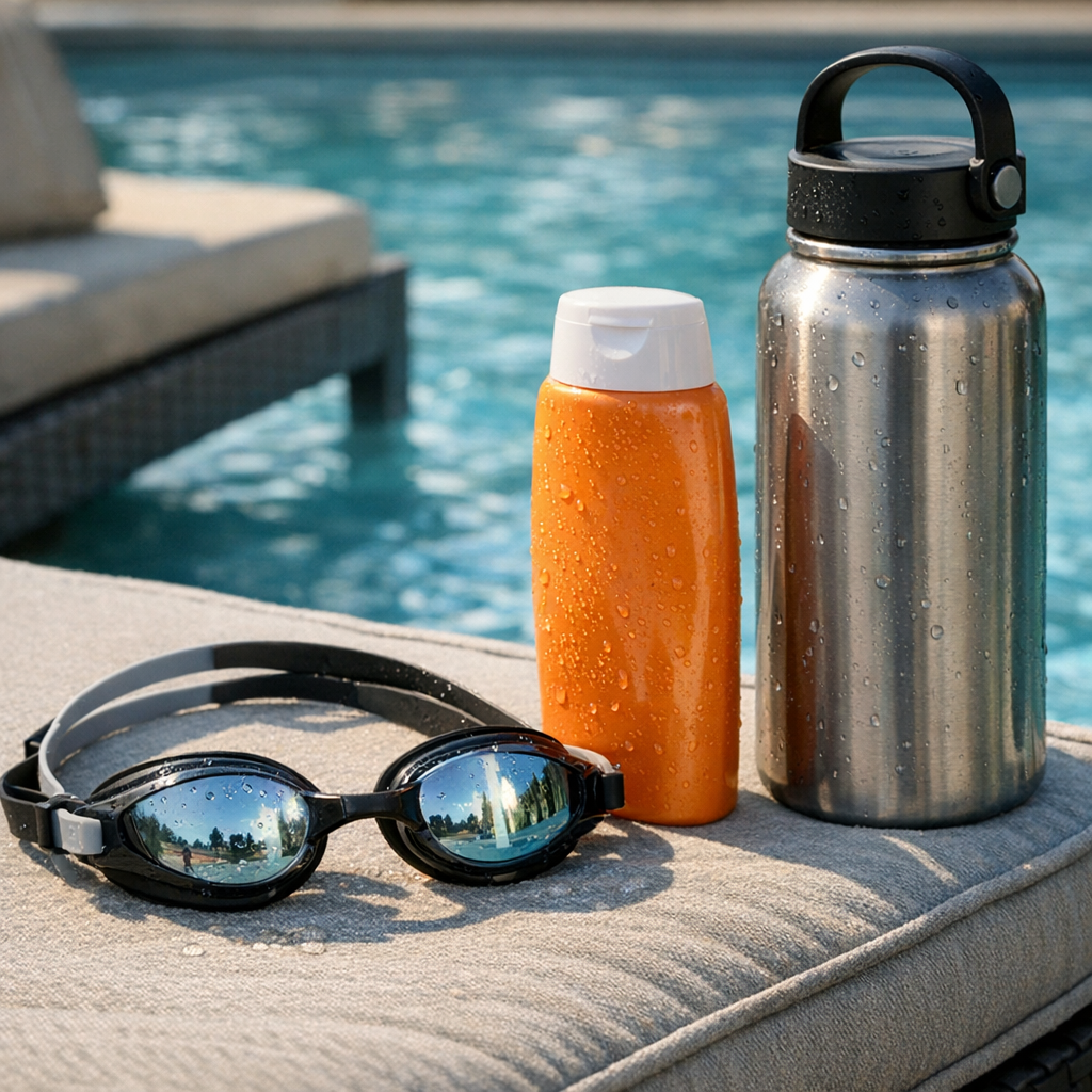 Swim goggles, sunscreen, and a reusable water bottle beside a pool chair