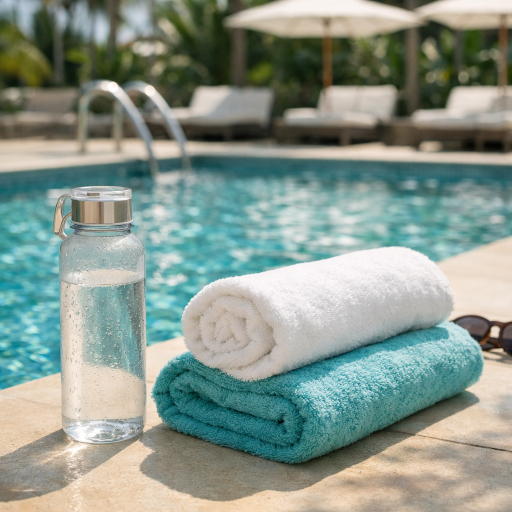 Bright pool deck with a water bottle, towels, and sunlight