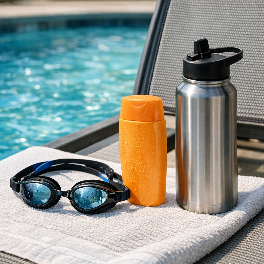 Swim goggles, sunscreen, and a reusable water bottle beside a pool chair