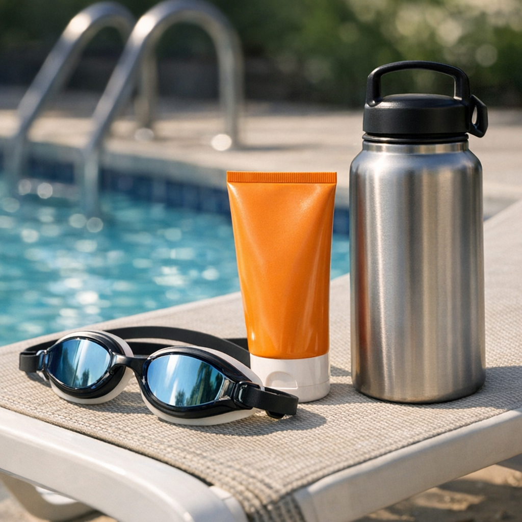 Swim goggles, sunscreen, and a reusable water bottle beside a pool chair