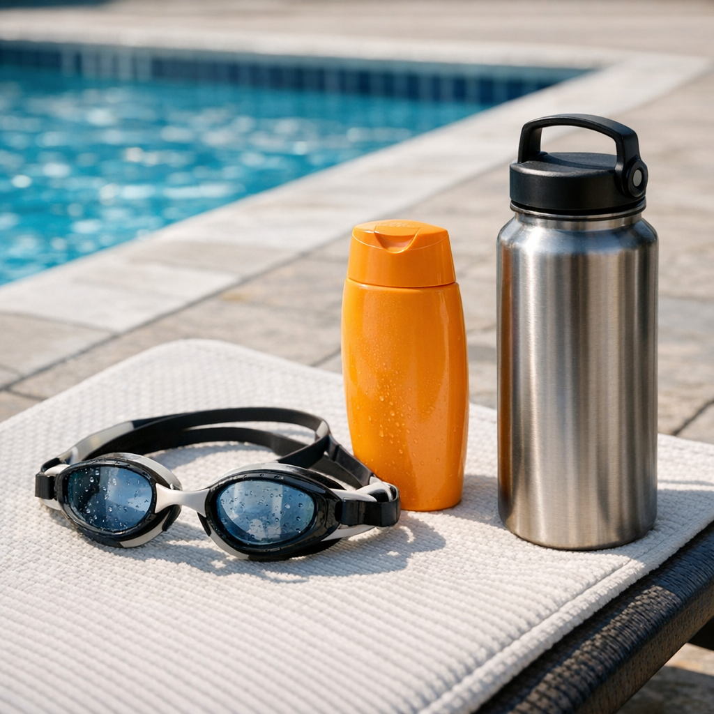 Swim goggles, sunscreen, and a reusable water bottle beside a pool chair