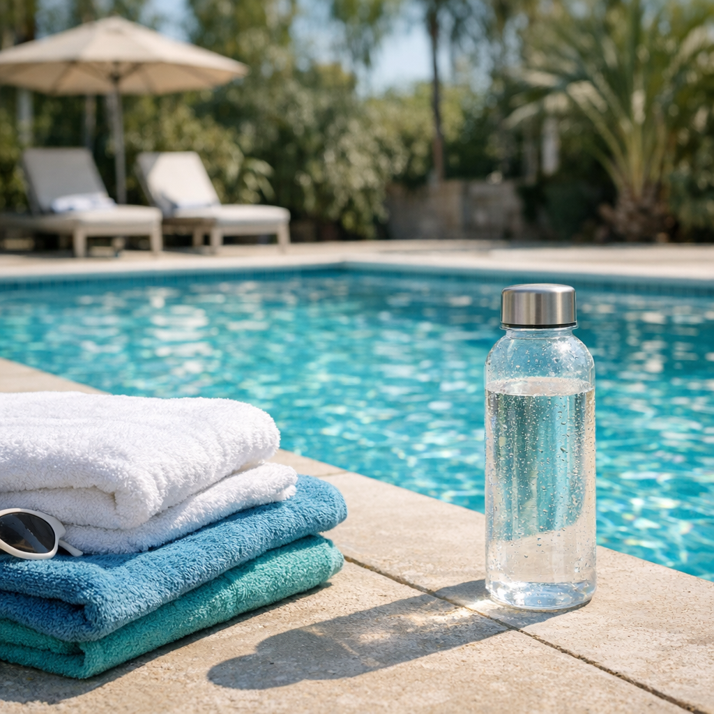 Bright pool deck with a water bottle, towels, and sunlight