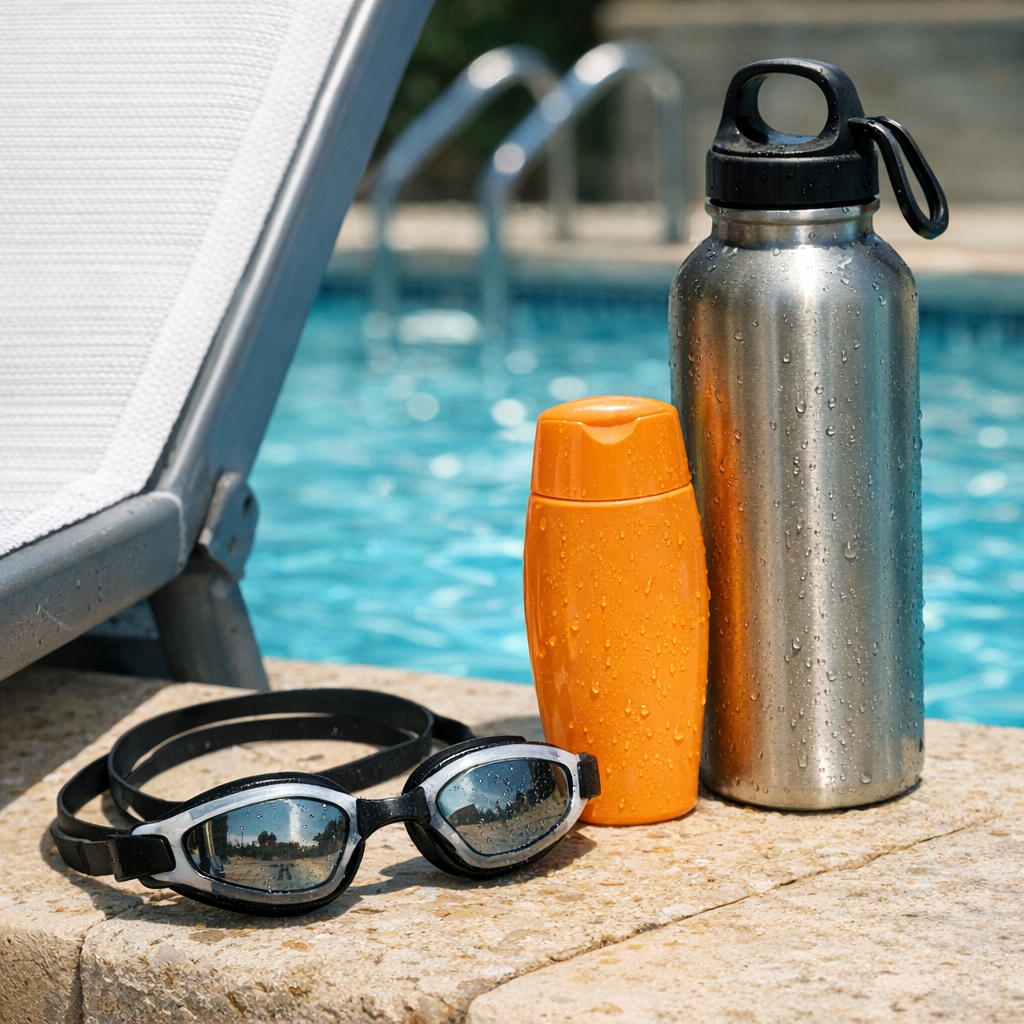 Swim goggles, sunscreen, and a reusable water bottle beside a pool chair