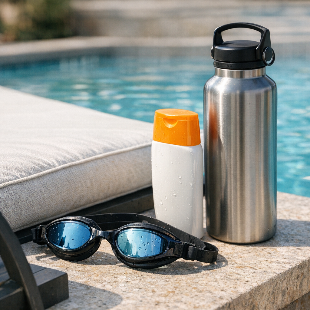 Swim goggles, sunscreen, and a reusable water bottle beside a pool chair